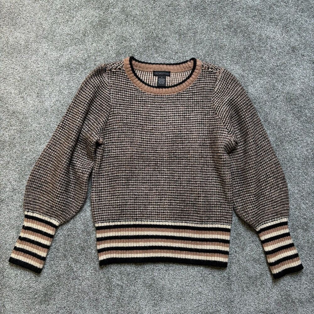 DESIGN 365 Striped Crew Neck Pullover Sweater Balloon Sleeve Women Med Black Tan